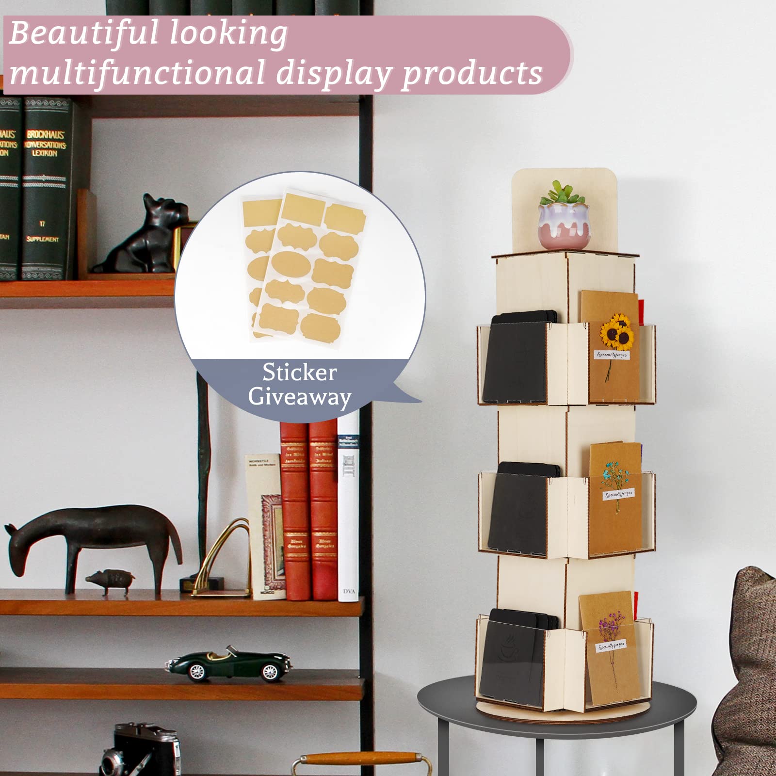 Natheeph Rotating Wooden Display Rack with Two Card Sticker for Greeting Card Vendor Coffee Bag 3 Tier Tabletop Display Stand